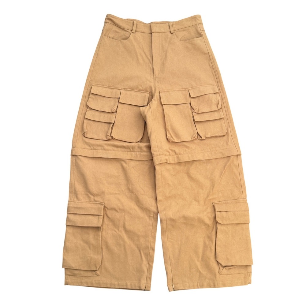 BABESOCHILL Brown Canvas Multi Pocket Cargo Pants Size L Wide Leg Gorpcore